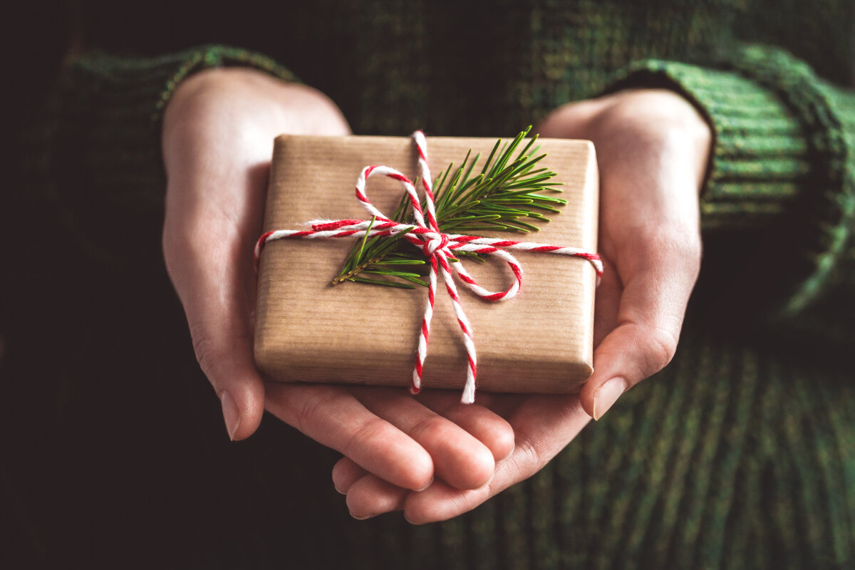 Someone holding a small wrapped present