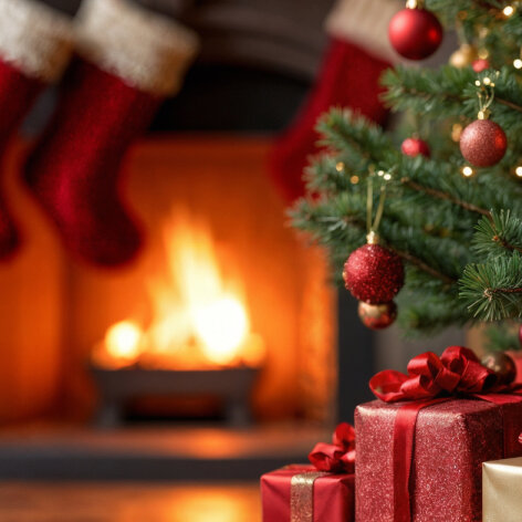A living room with a fire on, fully decorated for christmas